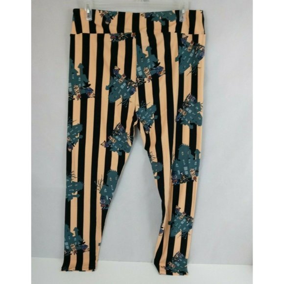 New LuLaRoe TC2 Halloween Leggings Orange & Black Striped W/ Haunted Houses - Picture 2 of 6